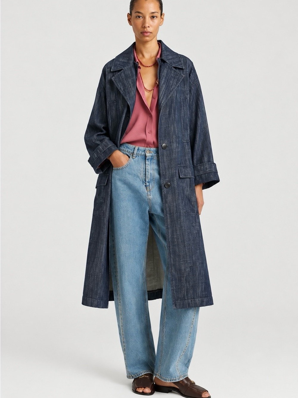 MOMONI | Junko Relaxed Indigo Denim Long Trench Duster Coat, Size IT 44 (US 8)